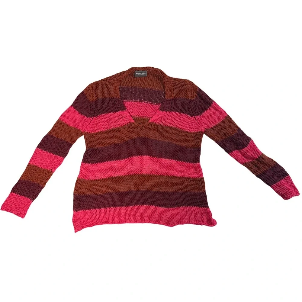 Wooden Ships Paola Buendia Striped V-Neck Knit Sweater Pink Burgundy Rust S/M